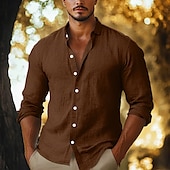 preiswerte Straße-Herren Hemd Leinenhemd Knopfhemd Einfach Urlaub Lässig Schwarz Gelb Marineblau Braun Langarm Revers Sommer Herbst Bekleidung Knöpfe