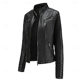 voordelige Imitatieleren jassen-Dames Jas van imitatieleer Comfortabel Zak Volledige ritssluiting Modieus Street Style Effen Buiten Casual / Dagelijks Normaal Opstaand Normale pasvorm Lange mouw bovenkleding Zwart Rood Kameel Lente