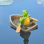abordables Statues-Figurine de grenouille et de tortue en résine dans un canoë, ornement flottant, figurine d&#039;animal flottant réaliste avec des yeux jaunes, cadeaux idéaux pour le jardin, la piscine ou la rivière