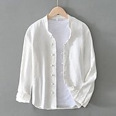 economico Classico-Per uomo Camicia Camicia di lino Stile vichingo Camicia con colletto alla coreana Camicia Estiva Abbigliamento da spiaggia Tinta unica Vacanza Streetwear Nero Bianco Blu marino Grigio Manica Lunga