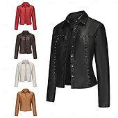 cheap Faux Leather Jackets-Women&#039;s Faux Leather Jacket Comfortable Buttons Fashion Street Style Plain Outdoor Casual Daily Regular Turndown Regular Fit Long Sleeve Outerwear Black Red Camel Spring Fall