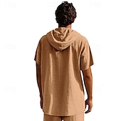 cheap Vacation-Men&#039;s Shirt Linen Shirt Popover Shirt Casual Shirt Cotton Shirt Plain Vacation Street Black White Navy Blue Brown Short Sleeve Hooded Summer Clothing Apparel Lace up