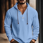 baratos Rua-Homens Camisa Social Camisa de linho Camisa com capuz Tecido Férias Casual Branco Azul Verde Café Manga Longa Com Capuz Outono Primavera Verão Roupa