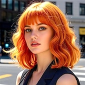 abordables Perruques de fête-Perruques roses courtes ondulées, perruque pastel avec frange, cheveux synthétiques mi-longs pour femmes et filles, perruque de cosplay colorée en fibre synthétique résistante à la chaleur pour une