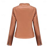 cheap Faux Leather Jackets-Women&#039;s Faux Leather Jacket Comfortable Pocket Full Zip Fashion Street Style Plain Outdoor Casual Daily Regular Stand Collar Regular Fit Long Sleeve Outerwear Black Red Camel Spring Fall