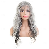 baratos peruca mais velha-Peruca longa, cacheada e ondulada, cinza, sintética, resistente ao calor, para cosplay, festa, com franja