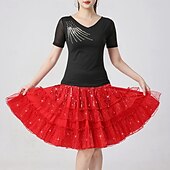 お買い得  ラテンダンスウェア-ラテンダンス スカート ピュアカラー スプライシング スパンコール 女性用 性能 訓練 半袖 ハイウエスト ポリエステル