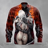preiswerte Halloween-Shirts-Herren Blutspritzer Engel &amp; Teufel Blutflecken Hemd Knopfhemd Langarm Dunkler Gothic-Stil Ferien Streetwear Sommer Frühling Umlegekragen 3D-Druck Hemden mit Kragen Orange