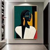 abordables Peintures portraits-Peinture de portrait abstrait moderne faite à la main peinte à la main avec un contraste chromatique audacieux - peintures à l&#039;huile géométriques figure féminine en or cobalt figure pour peinture