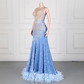 abordables Robes de Soirée Sirène-Robe de soirée sirène  trompette élégante robe formelle bal traîne balayage  brosse sans manches col rond sequin dos nu avec applications en sequins
