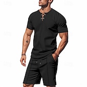 economico T-shirt set da uomo-Per uomo Camicia a nido d&#039;ape Completi T-shirt Outfit 2 pezzi Maglietta e pantaloncini Manica Corta Scollo a V Estate Semplice Moda Casual Allacciato 2 Pezzi Vacanza Abbigliamento quotidiano Uscire