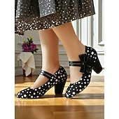  Escarpins Mary Jane roses à pois pour femmes des années 1950 – de jolis escarpins rétro à talons carrés et brides à nœud pour les fêtes, les goûters et les tenues d'inspiration vintage