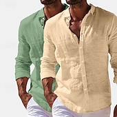preiswerte Klassiker-Herren Hemd Leinenhemd Sommerhemd Strandbekleidung Knopfhemd Einfach Urlaub Lässig Weiss + Rosa Marineblau + Grau Grün+Khaki Blau+Marineblau Langarm Umlegekragen Sommer Frühling Bekleidung Rein