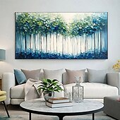 abordables peintures à l&#039;huile d&#039;arbre-Peinture à l&#039;huile faite à la main, forêt abstraite moderne, coups de pinceau texturés audacieux, canopée vert émeraude, teintes bleu sarcelle, troncs minimalistes, profondeurs saphir, galerie d&#039;art