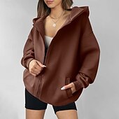 voordelige Textured Hoodies en Sweatshirts-Dames Hoodies met rits Effen Casual Lange mouw Capuchon Normale tops Straat Feestdagen Uitgaan Vetoketju Zak blauw Bruin Licht Grijs Herfst Winter