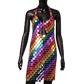 abordables Déguisements pour femmes-Mini robe - Robe licou à paillettes et disque circulaire pour chanteuse, danseuse, tenue de scène, fête, carnaval