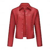 cheap Faux Leather Jackets-Women&#039;s Faux Leather Jacket Comfortable Buttons Fashion Street Style Plain Outdoor Casual Daily Regular Turndown Regular Fit Long Sleeve Outerwear Black Red Camel Spring Fall