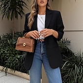 billiga Blazers och kostymer-Dam Kavaj Bekväm Andningsfunktion Ficka Knappar Mode Modern Slät Arbete Dagligen Normal Nedvikt Normal Långärmad Ytterkläder Svart Vit Kaki Vår Höst