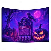 ieftine tapiserii de perete de Halloween-Tapiserie Hallaoween cu lumină neagră, reactivă UV, care strălucește în întuneric, pădure, munte trippy, cețos, cimitir, fantomă, tapiserie suspendată, artă murală pentru perete, living, dormitor