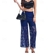 abordables jambe large et taille haute-Femmes Jambe large Slacks Streetwear Occasionnel Longueur complète Naturel Uni Dentelle Patchwork Taille Élastique Confortable Fête Sortir Vert translucide Noir Blanche Bleu de minuit Automne Coupe