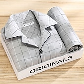 baratos Pijamas-Homens Roupa de Dormir Conjunto de Pijama Top e calça de pijama 1conjunto Xadrez Moda à moda Clássico Casa Diário De Cama Poliéster Conforto Macio Respirável Lapela Manga Longa Camisa Social Calça