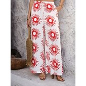 abordables jambe large et taille haute-Femmes Jambe large Chinos Vacances ancien Mode Longueur complète Taille haute Fleuri Ceinture Élastique Impression Confortable Doux Micro-Élastique Extérieur Vacances Rue Blanche Jaune Rose Claire
