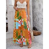 abordables jambe large et taille haute-Femmes Jambe large Chinos Vacances ancien Mode Longueur complète Taille haute Fleuri Ceinture Élastique Impression Confortable Doux Micro-Élastique Extérieur Vacances Rue Blanche Jaune Rose Claire