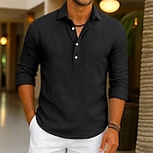 billiga Business Casual-Herr Skjorta Linneskjorta Sommarskjorta Standkläder Slät Semester Ledigt Svart Vit Grön Grå Långärmad Kavajslag Sommar Vår Kläder