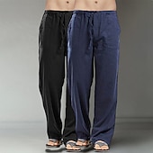 baratos Clássico-Homens Calças de linho Calças Calça verão Calças largas Calças de praia Bolsos Com Cordão Perna reta Tecido Conforto Respirável Comprimento total Diário Streetwear Moda Casual / esportivo Preto