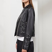 cheap Faux Leather Jackets-Women&#039;s Faux Leather Jacket Comfortable Full Zip Fashion Street Style Plain Outdoor Casual Daily Regular Turndown Regular Fit Long Sleeve Outerwear Black Red Green Spring Fall