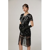 preiswerte Kleider-Retro Vintage Goldene Zwanziger 1920er Midlänge Flapper Kleid Cocktailkleid Der große Gatsby Flapper-Mädchen Pailletten Fransen V Ausschnitt Damen Weihnachten Halloween Karneval Hochzeit
