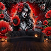 olcso halloween faliszőnyegek-Halottak Napja Csontváz Menyasszony Jelenet Fali Tapéta Háttér Gótikus Piros Függöny Félelmetes Dekoráció a 2025-ös Halloweenra a Nappaliban Hálószobában
