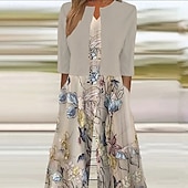 ieftine Tipăriți rochii florale-Pentru femei Rochii Midi Rochie casual Set de rochii Modă Modern Zilnic Plajă Sfârșit de săptămână Fit regulat Floare Manșon Jumate În V Alb Roz Îmbujorat Kaki Albastru Deschis Primăvară Toamnă