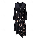 abordables Robes Bohémiennes-Femmes Robe Midi Robe bohème Robe Imprimée Robe occidentale Mode Extérieur Vacances Week-end Coupe régulière Uni manche longue Col en V Noir Été