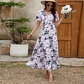 cheap Elegant Floral Dresses-Women&#039;s Maxi Dress Sundress A Line Dress Vacation Party Casual Butterfly Sleeve Party Going out Beach Tailored Fit Floral Graphic Short Sleeve V Neck color Summer
