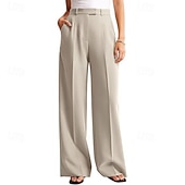 cheap Wide Leg &amp; High Waisted-Women's Wide Leg Slacks Streetwear Casual Full Length Natural Plain Elastic Waist Comfy Street Holiday Daily Wear Ash Dark-Gray Dark red Apricot Fall Regular Fit