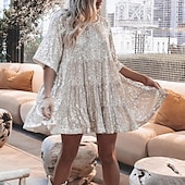 economico Abiti con paillettes-Per donna Mini Abito Abito con Paillettes Abito da Cocktail Moda Moderno Festa serale Cocktail party Vestibilità regolare Semplice Manica Corta Girocollo Argento Grigio nero Nero Bianco Estate