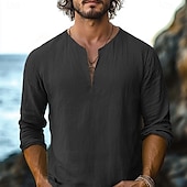 preiswerte Urlaub-Herren Hemd Leinenhemd Sommerhemd Strandhemd Einfarbig Urlaub Lässig Schwarz Weiß Grün Khaki Langarm V Ausschnitt Sommer Frühling Bekleidung Basic
