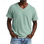 preiswerte T-Shirt mit Waffelstrick-Herren Waffel-T-Shirt T Shirt T-Shirt Kurzarmshirt Kurzarm V Ausschnitt Sommer Einfach Mode Designer Basic Jacquard Urlaub Straße Ausgehen Aprikose Schwarz Purpur Top T-Shirt für Herren