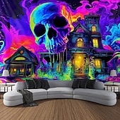 cheap Halloween Wall Tapestries-Halloween Blacklight Tapestry Skeleton Haunted House UV Reactive Glow in the Dark Forest Trippy Mountain Misty Graveyard Ghost Hanging Tapestry Wall Art Mural for Living Room Bedroom