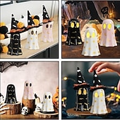 economico Illuminazione di Props di Halloween-Statuetta fantasma di Halloween, piccole statuette fantasma in resina con luce, fantasmi luminosi con cappelli da strega, simpatica statua fantasma per decorazioni spettrali di Halloween per tavoli da