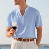 economico Vacanza-Per uomo Camicia Camicia di lino Camicia popover Camicia casual Camicia di cotone Semplice Vacanza Streetwear Nero Bianco Cachi Azzurro Manica Corta Colletto alla coreana Estate Abbigliamento
