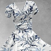 ieftine Tipăriți rochii florale-Pentru femei Rochii Midi Rochie casual Rochie de vară Modă Modern Zilnic Plajă Sfârșit de săptămână Fit regulat Frunză Manșon scurt În V Albastru piscină Vară Primăvară