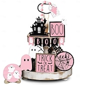 Недорогие Хэллоуинская маска и реквизит-Набор из 15 розовых многоярусных подносов для декора на Хэллоуин, милые деревянные таблички с привидениями и украшения в фермерском стиле для дома, стола и вечеринок