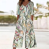 abordables combinaison de vacances-Femmes Normal Combinaison Streetwear Fleuri Manche Courte Jambe large Col en V Avec Poches Imprimé Rue Quotidien Coupe régulière Vert Été