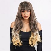 economico Parrucche da festa-parrucca lunga castana e bionda per donna – frangia piena, ricci grandi e ondulati, parrucca sintetica alla moda, perfetta per look alla moda e stile quotidiano