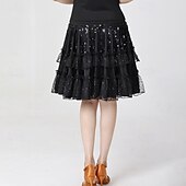 お買い得  ラテンダンスウェア-ラテンダンス スカート ピュアカラー スプライシング スパンコール 女性用 性能 訓練 ハイウエスト ポリエステル