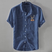 baratos Casual de negócios-Homens Camisa de linho Camisa casual Camisa de algodão e linho camisa de botão Animal Modelado Férias Roupa Diária Branco Azul Marinho Escuro Azul Céu cáqui Manga Curta Lapela Todas as Estações Roupa
