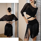 abordables Ropa de baile latino-Minifalda negra con flecos y pantalones cortos para mujer, elástica, para rave, discoteca, baile latino, salsa