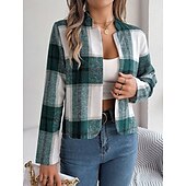 Χαμηλού Κόστους 3D Παλτά-Γυναικεία Casual Jacket Άνετο Αναπνέει Στάμπα Καθημερινό Καρό Διακοπές Δρόμος Καθημερινά Ρούχα Εξόδου Ανοικτό Μπροστά Κοντό Όρθιος Γιακάς Κανονικό Μακρυμάνικο Εξωτερικά ενδύματα